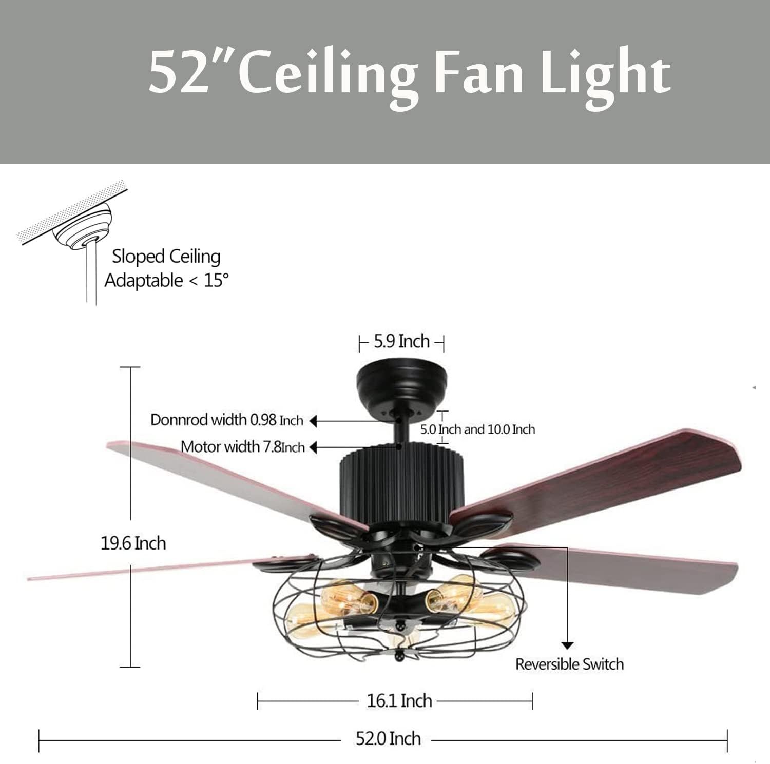 Retro Industrial Ceiling Fan with 5 Light Base and 5 Wooden Blade, 52" Reversible Chandelier Ceiling Fans for Farmhouse Living Room Bedroom Restaurant Rustic Style