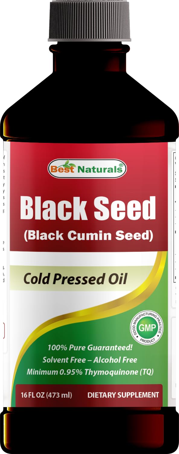 Best Naturals Black Seed Oil - Minimum 0.95% Thymoquinone (TQ) - Cold Pressed Nigella Sativa Aids in Digestive Health, Immune Support, Brain Function, Joint Mobility, Gluten Free, Non GMO - 16 OZ 16 Fl Oz (Pack of 1)