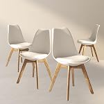 Ensemble de 4 chaises de salle à manger Aykah modernes - Chaise de salle à manger avec pieds en bois - Chaises de salle à manger avec siège en plastique et coussin - Chaise de cuisine - Chaise de salle à manger blanche - Facile à assembler