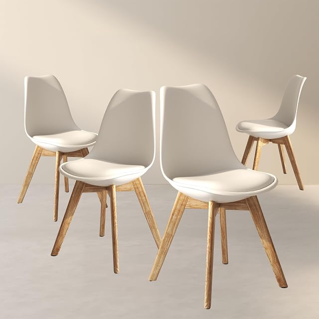 Aykah Modern Dining Chairs Set of 4 - Dining Chair with Wood Legs - Dining Chairs of Plastic seat with Cushion - Kitchen Chair - White Dining Room Chair - Easy to Assemble