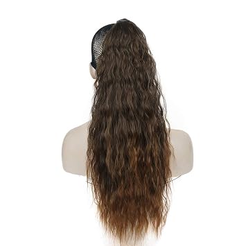 Wiginway 24 Inch Long Wave Ponytail Extension Magic Paste Heat Resistant Wavy Synthetic Wrap Around Ponytail Ombre Brown Hairpiece for Women Ombre Brown