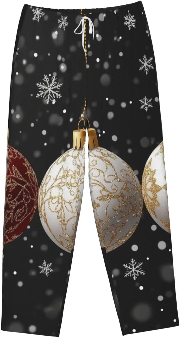 Women'S Glittering-Christmas-Ornament Fleece Pajama Pants, Cozy Flannel Lounge Bottoms For Women