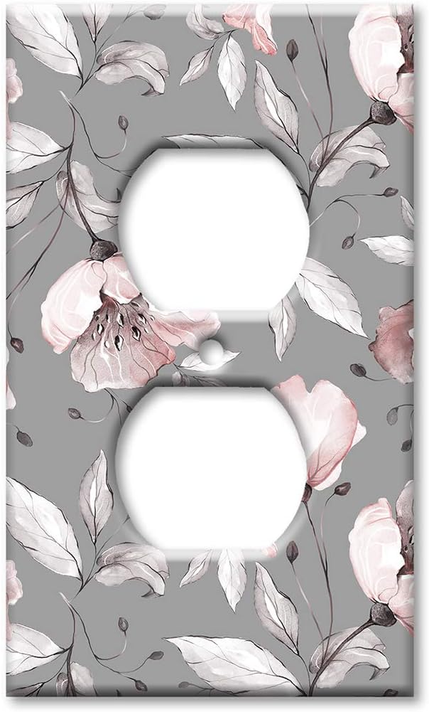 Art Plates OverSized - Jumbo Outlet Cover - OVERSIZE Outlet Switch Plate - Gray and Pink Flower Toss - (Made in USA)