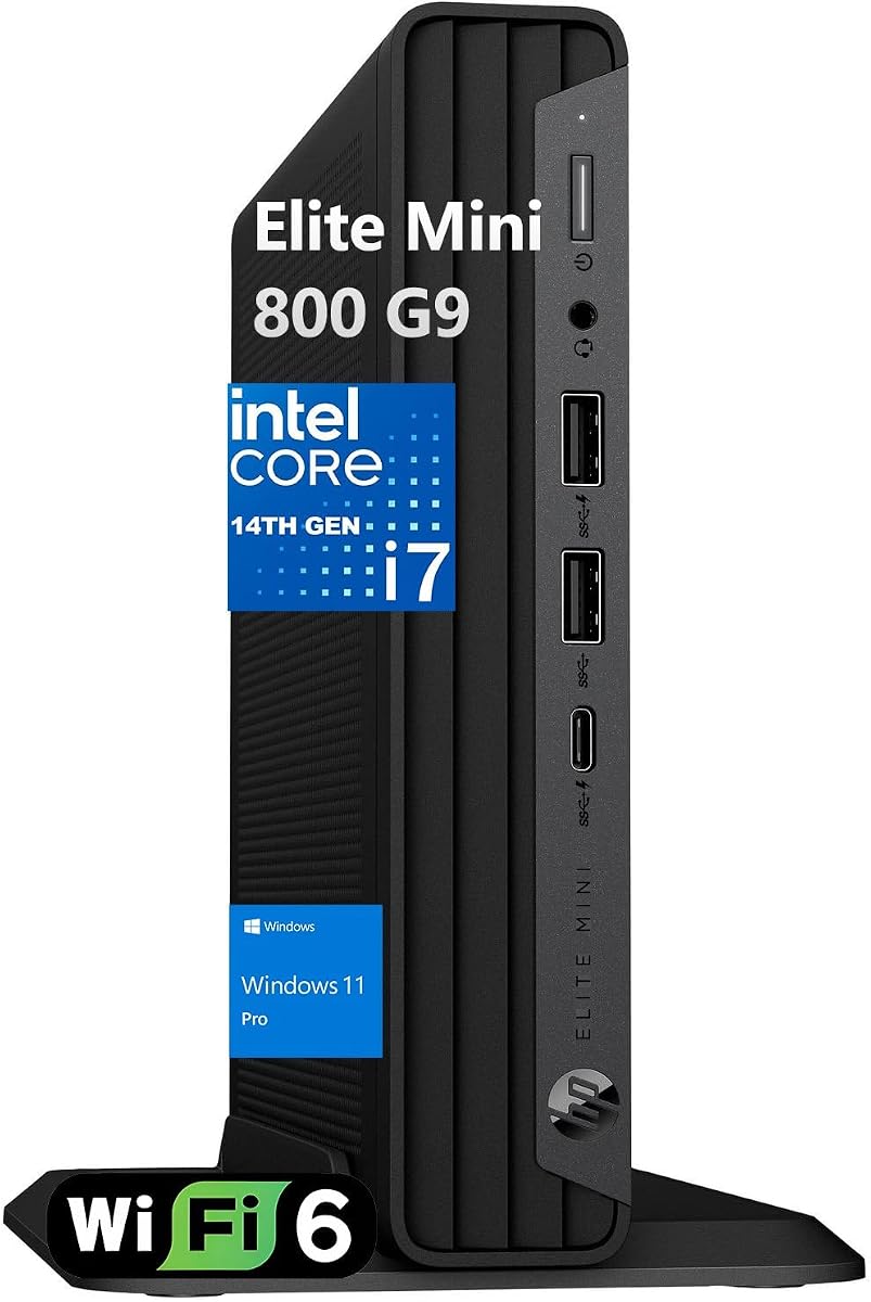 HP Elite Mini 800 MFF PC Desktop Computer, Intel 20-Core i7-14700, 16GB DDR5 RAM, 512GB PCIe SSD, 2 DisplayPort, WiFi 6, Bluetooth, Keyboard included, no Mouse, Windows 11 Pro, Office 365, Black