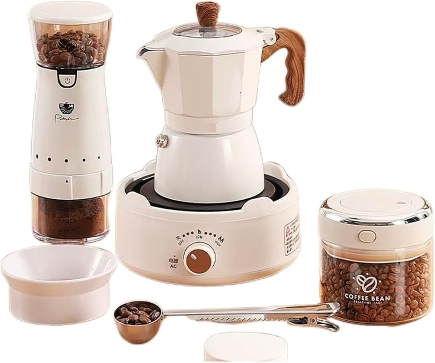 2-3 Cup Titaniu m Coated Double Valve Moka Pot 7-Piece Espresso Set with Electric Stove, Grinder, Bean Canister & Filters for Home & Camping