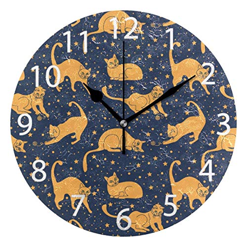Lustige Katzen mit Sternen Design runde Wanduhr, Silent Non Ticking Oil Painting Dekorativ für Home Office School Clock Art