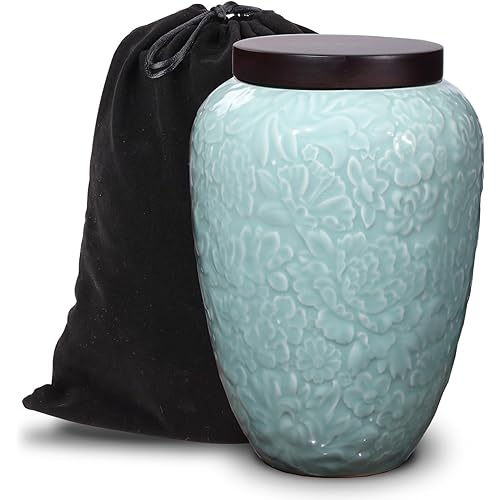 Large Urn for Ashes for Women,Funeral Cremation Urns for Human Ashes Adult Female and Male,Decorative Floral Ceramic Burial Urn for Women and Men(Velvet Bag Included)(125 Cubic inch)