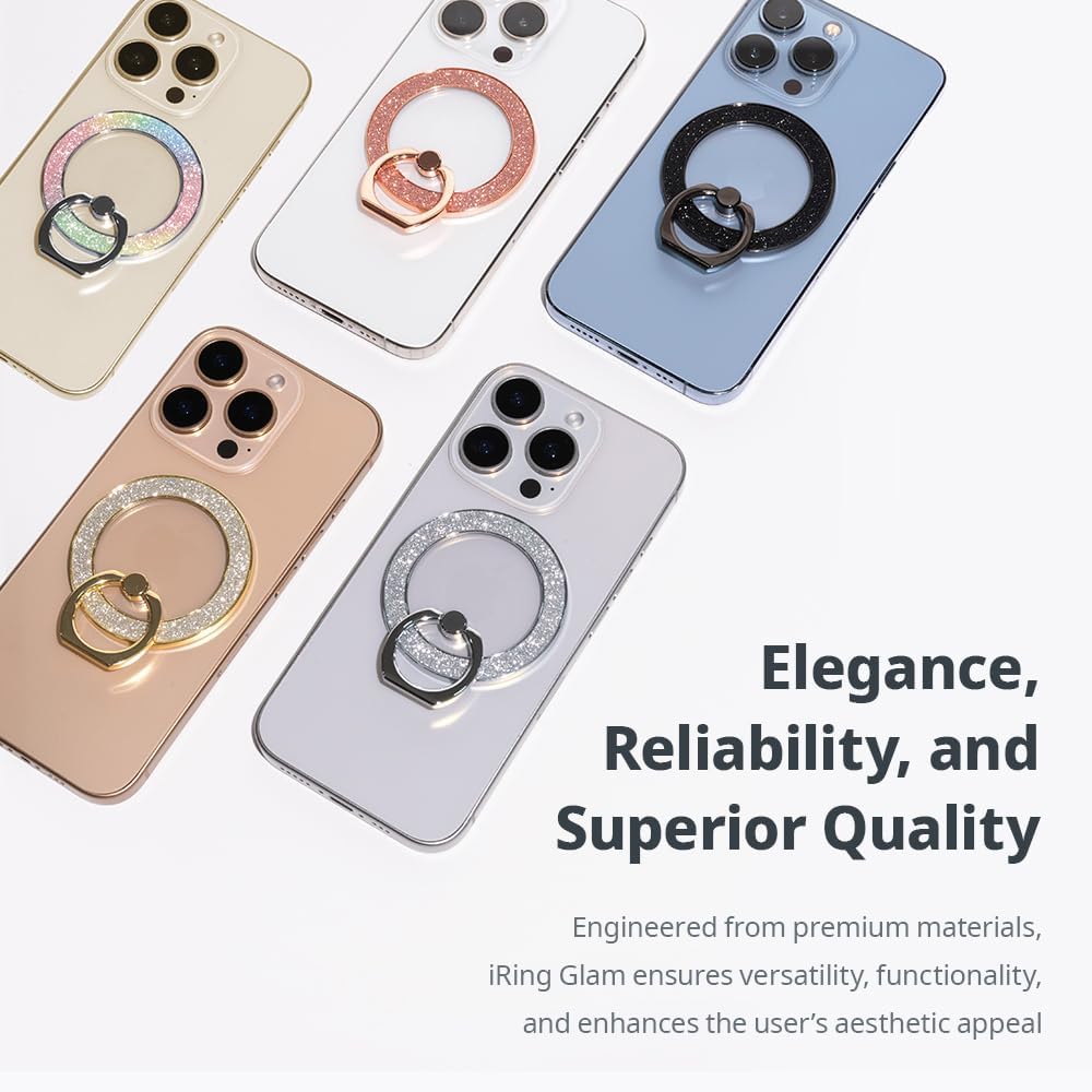 iRing Magnetic Phone Ring Holder for MagSafe, 360° Rotation Finger Grip Stand Compatible with iPhone 17/16/15/14/13/12 – Strong Magnetic Grip, iRing Mag Glam (Gold)