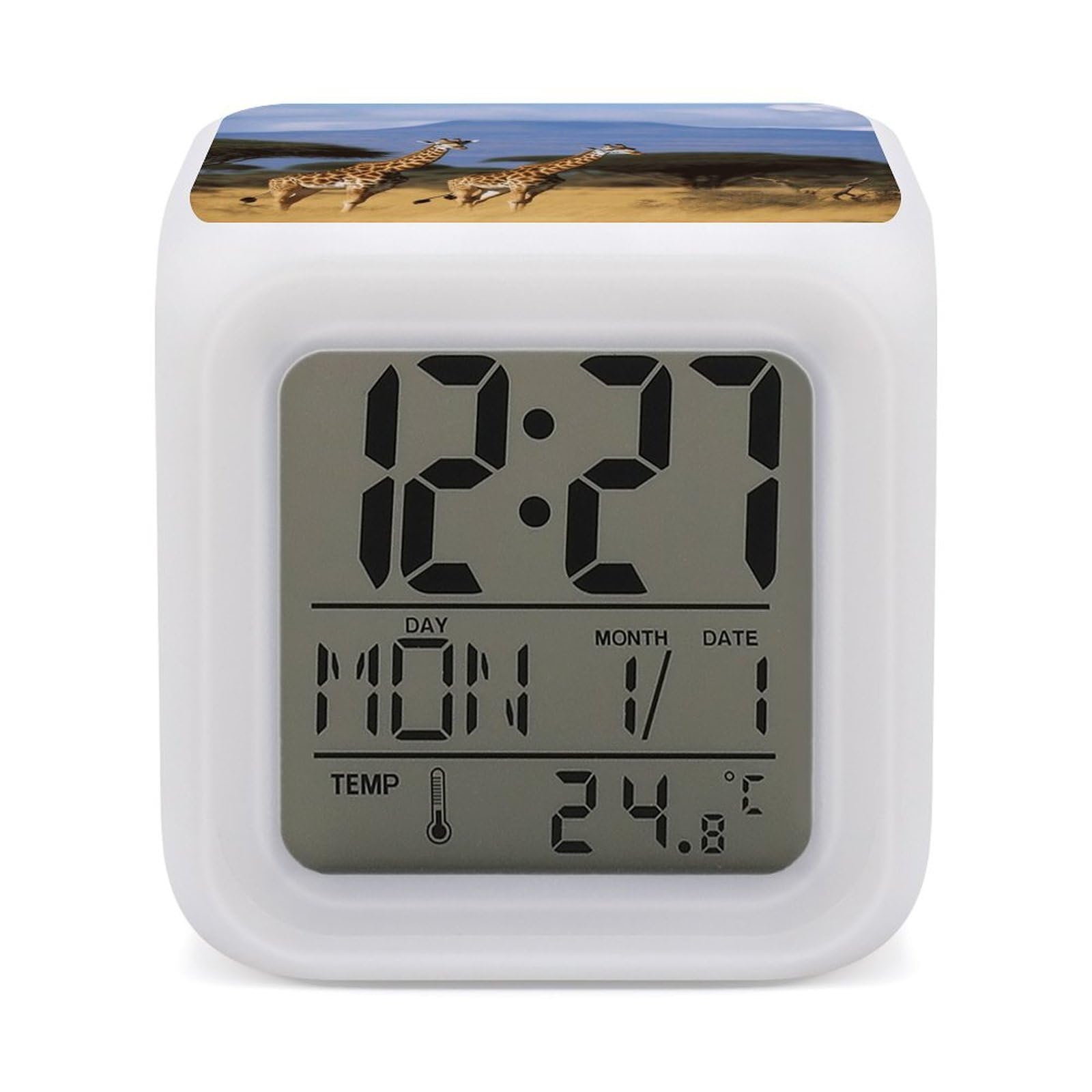 VstaDank Africa Wildlife Giraffes Alarm Clock with 7 Color Changing Night Light Date Temp Display Wake Clocks LED Display Digital Clock Electric Desk Clocks for Living Office Bedroom Decor