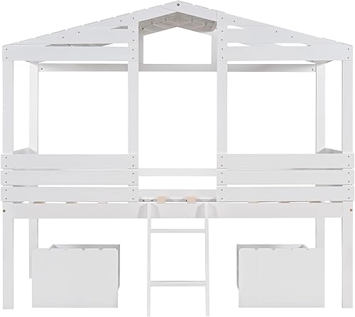 Miniatura 7 de Cama de casa de tamaño individual con cajones de almacenamiento camas altas bajas casa de juegos marco de cama casa de árbol camas de cabaña para