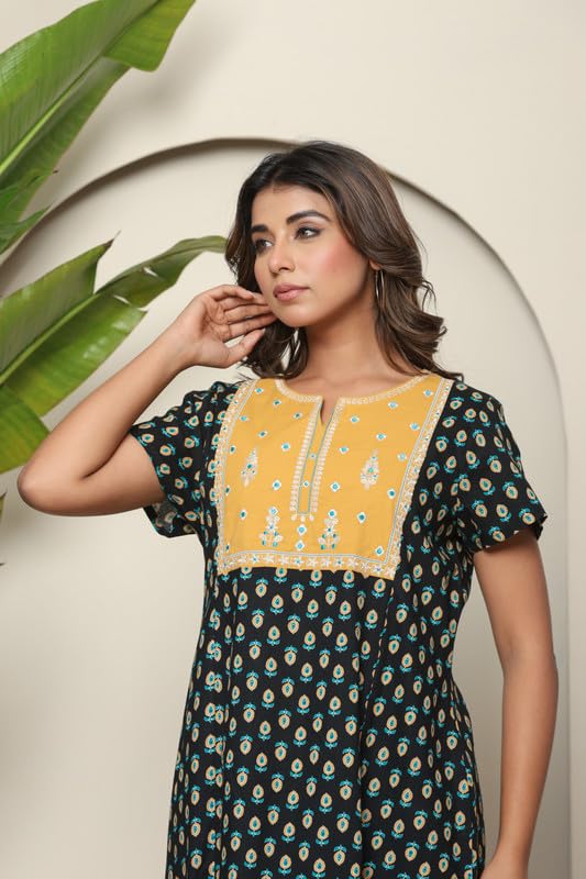 Image of NIHSAMAH Cotton Nighty for Women - Embroidered & Printed Stylish Night Gown, Comfortable Sleepwear Long Nightwear, Maxi