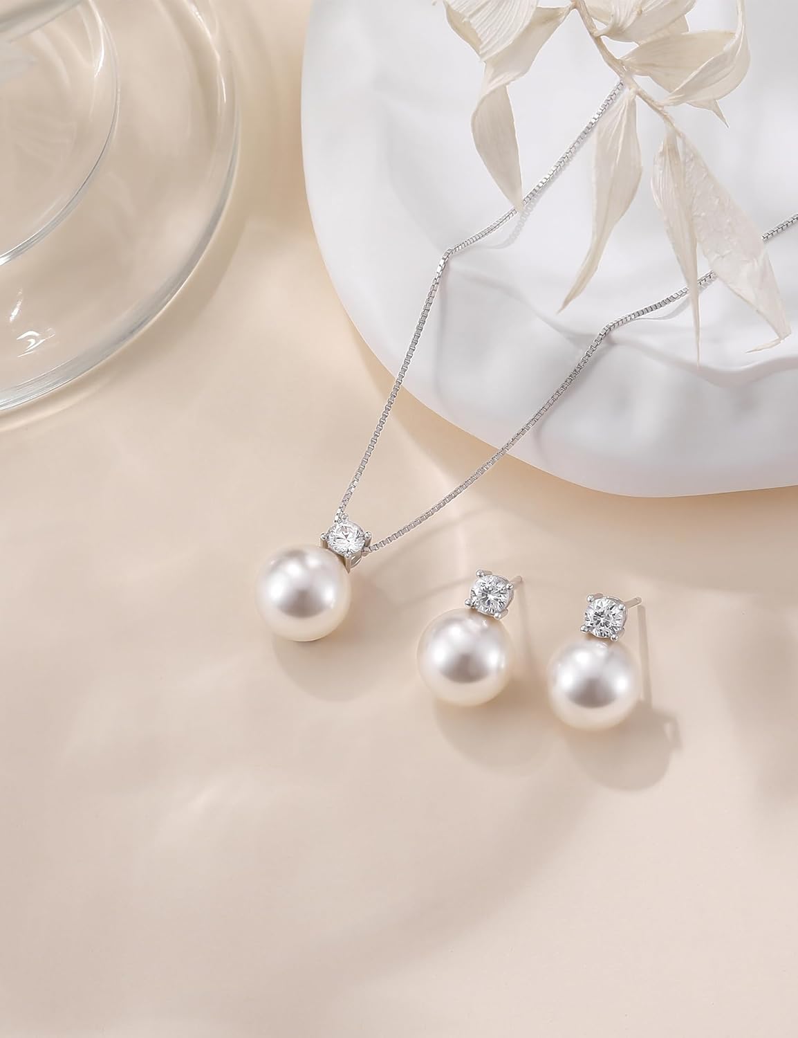 Mameloly Pearl Earrings for Women Dainty 925 Sterling Silver Cubic Zirconia CZ 10MM Simulated White Pearl Stud Drop Engagement Wedding Birdal Earrings Hypoallergenic - Image 4