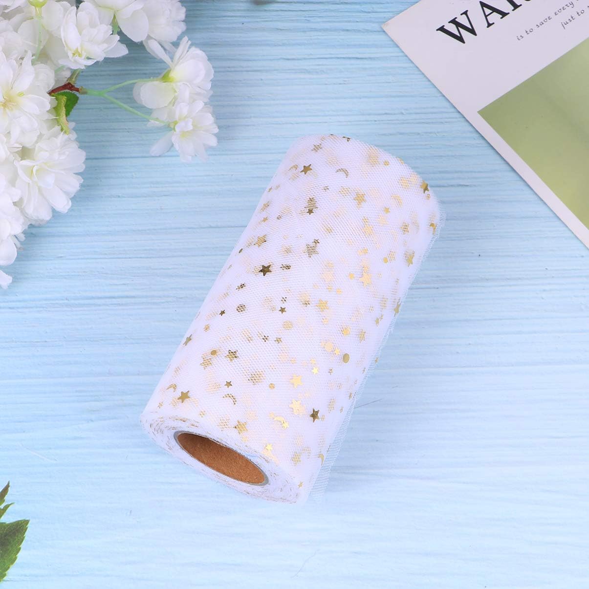 HEALLILY 1 Roll Mesh Ribbon Wide Whimsy Ribbon with Gold Star Moon Sequin DIY Craft Web Ribbon for Gift Wrapping Home Wedding Cake Decoration 2280x15cm (White) - Image 4
