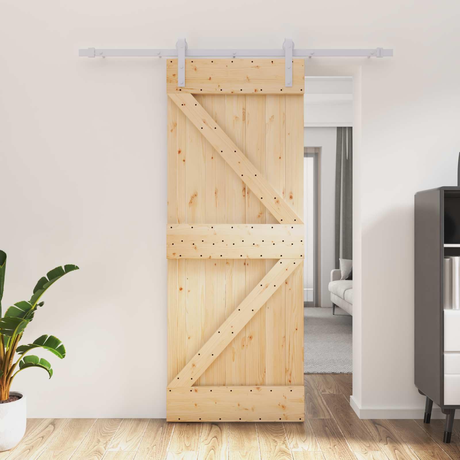Puerta corredera de 80 x 210 cm de pino con herraje blanco
