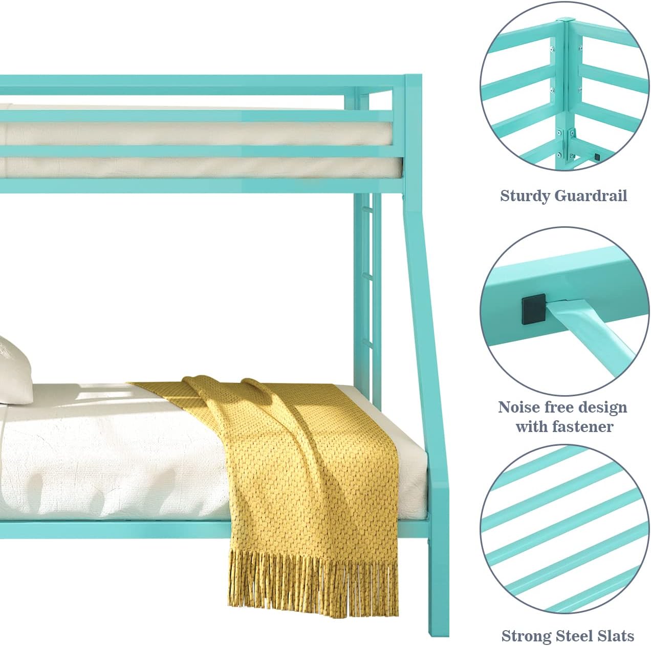 Allewie Metal Twin Over Full Bunk Beds Frame with Flat Ladder & Full-Length Guardrail, for Junior and Adult, Space-Saving, Noise Free, Green