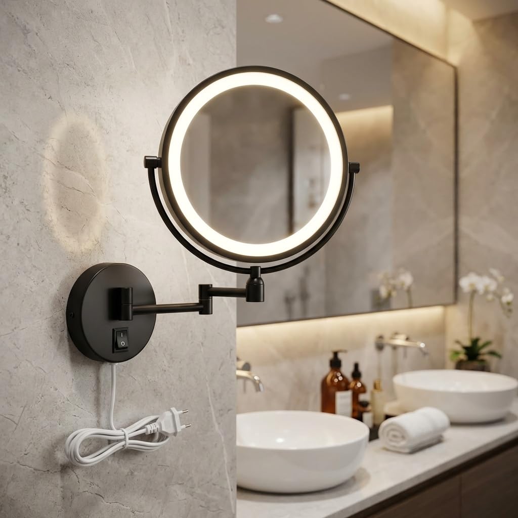 JPS Brass Dual Side Round Mirror for Bathroom 360° Swivel with Magnifying View | Magnifying Shaving Makeup Mirror Wall Mounted | (Black LED Light Mirror)-image-35