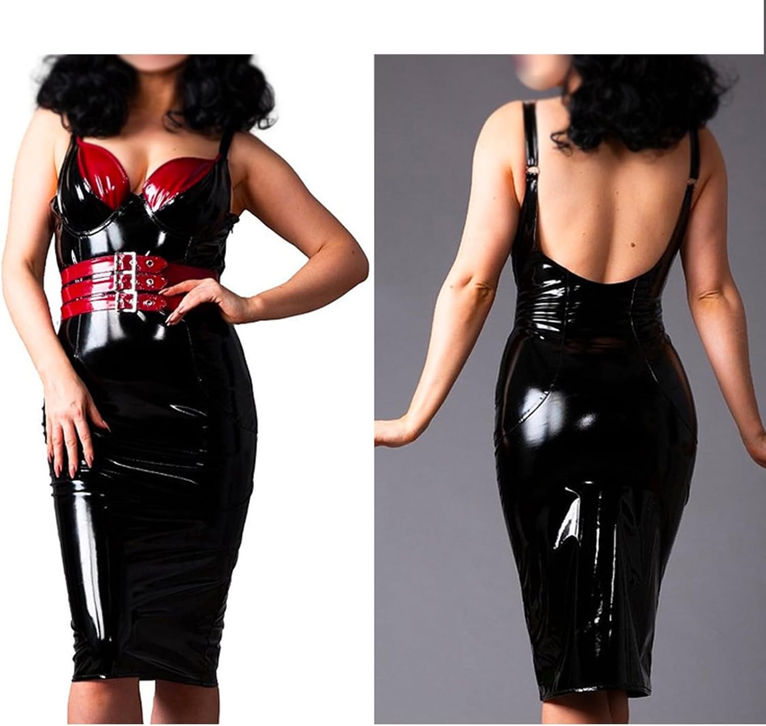 LESOYA Women's Sexy Shiny Wetlook PVC Leather Front Belts Sleeveless Bodycon Long Dress