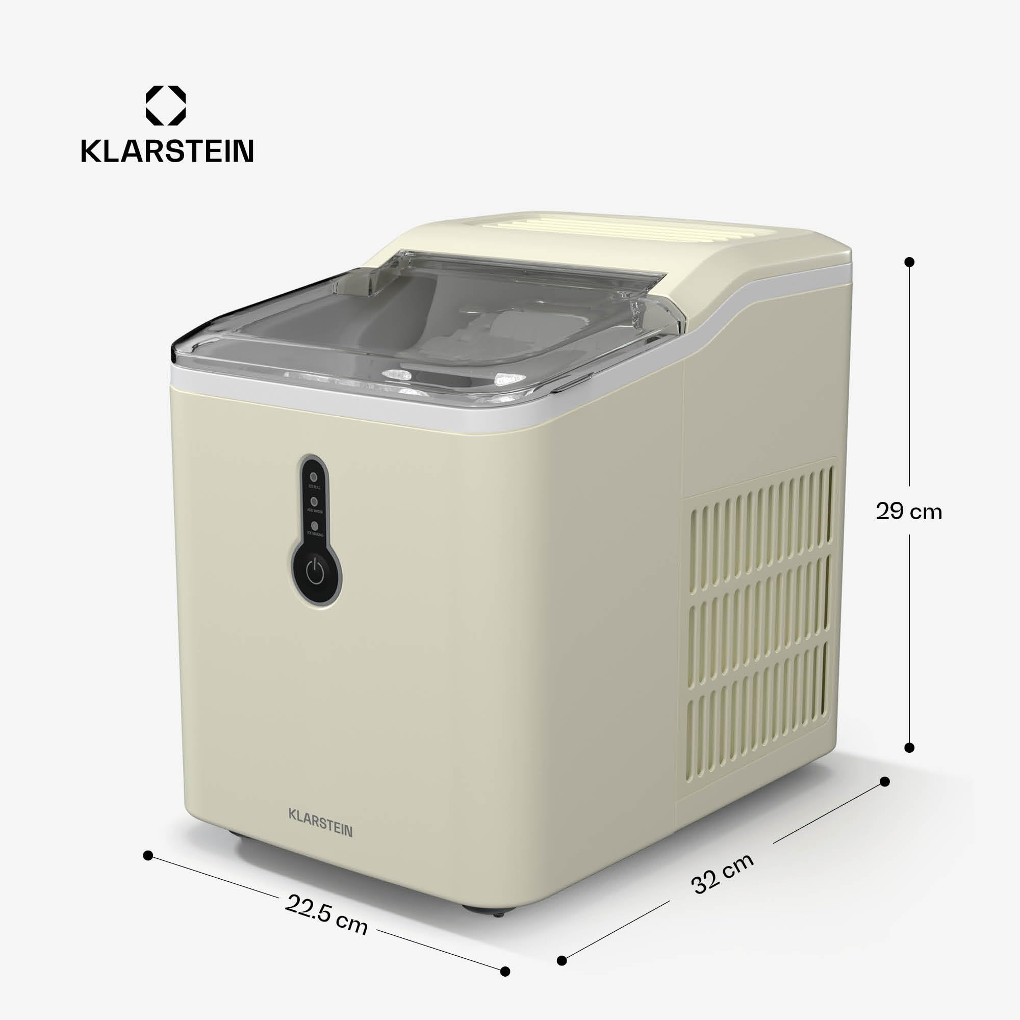 Klarstein malý výrobník kociek ľadu - 12 kg/24 h, 8 min cyklus, 1,5 l nádrž na vodu, LED displej, priehľadné veko, prenosný, obsahuje naberačku - výrobník ľadových kociek na párty