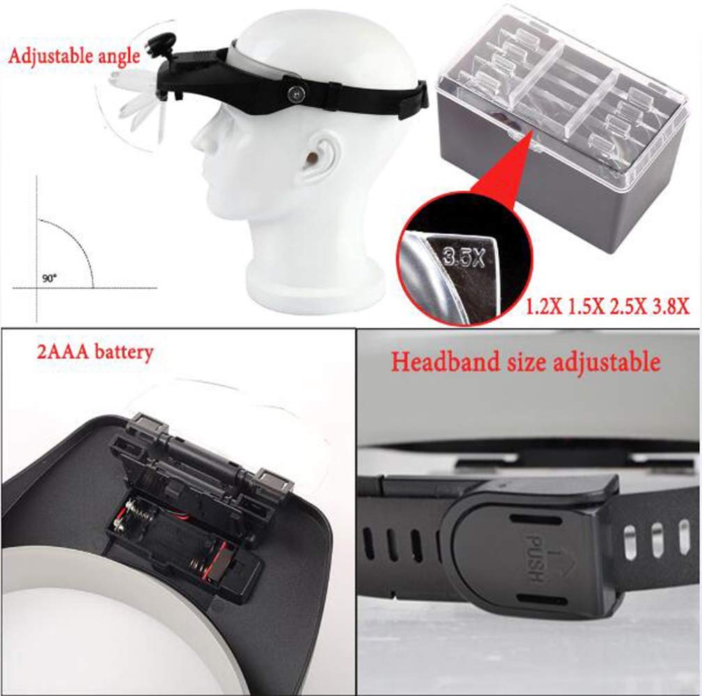 4-Linsen-Vergrößerungsbrille Mit Led-Beleuchtung (1,2X, 1,8X, 2,5X, 3,5X), Freihändig Bedienbar, Mit Stirnband, Lesebrille Und 2 Led-Leuchten
