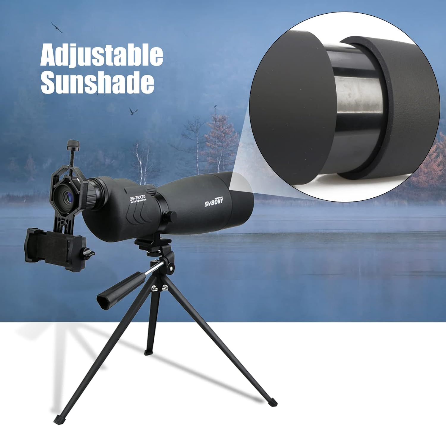SVBONY SV17 spotting scope with adjustable sunshade extended