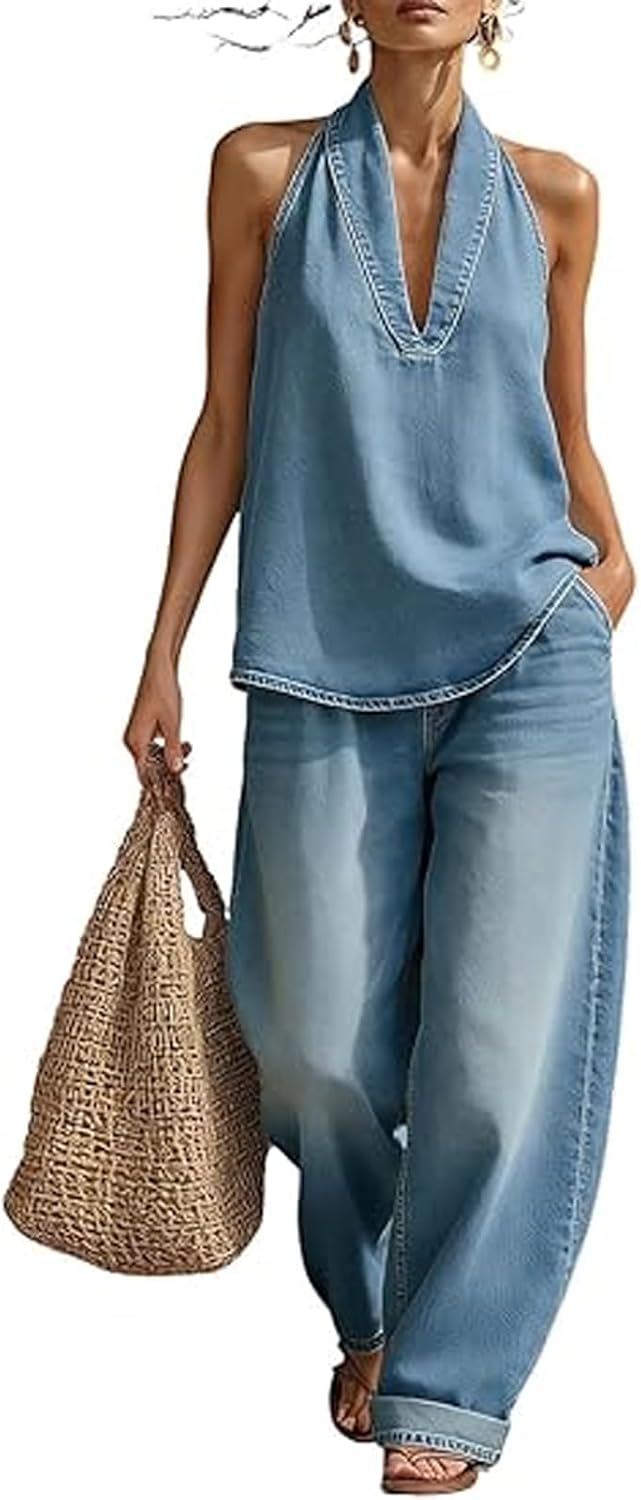 Women's 2 Piece Denim Set Halter Neck Top and Wide Leg Pants, Sleeveless Backless Matching Outfit Casual Travel