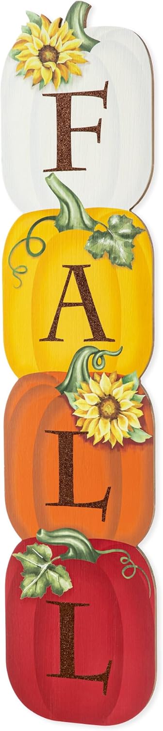 Glitzhome Fall Porch Sign, 42 Inch Stacked Pumpkin Decor with Sunflower & Leaf Accents - Solid Wood Waterproof Outdoor Yard Decoration for Autumn Thanksgiving