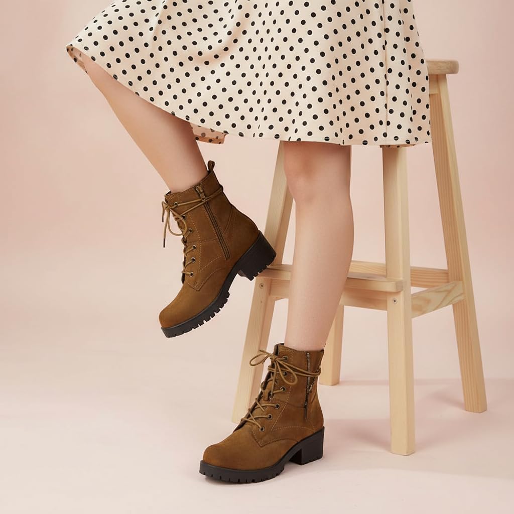 Dunes Women's Kobe Heeled Combat Boots – Lace-Up with Side Zipper, Memory Foam Insoles, Faux Fur Lining, Vegan Nubuck Leather, Wide Widths Available - Image 9