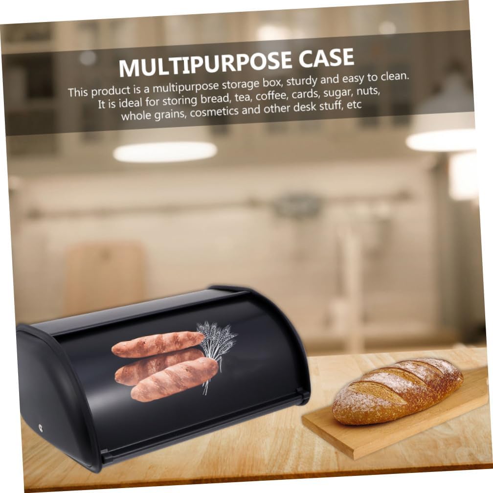 Luxshiny Metal Small Drum Bread Box with Front Lid Printed Design, Space-Saving Household Storage Case for Kitchen Countertop, Multipurpose Black Metal Bread Storage Container