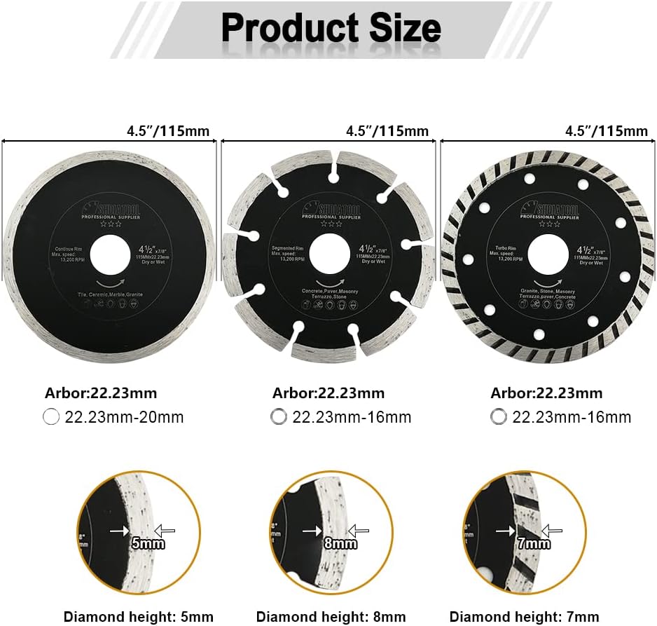 SHDIATOOL 15 Pieces 4-1/2 Inch Diamond Saw Blades Cutting Discs Set for 7/8" or 5/8" Arbor