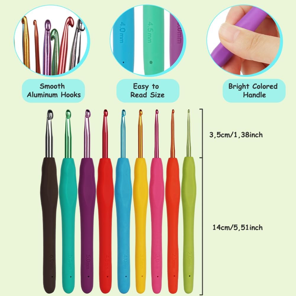 Aelike Ergonomic Soft Grip Crochet Hooks, Portable Travel Set with Accessories, Aluminum Needles 2mm-6mm thumbnail