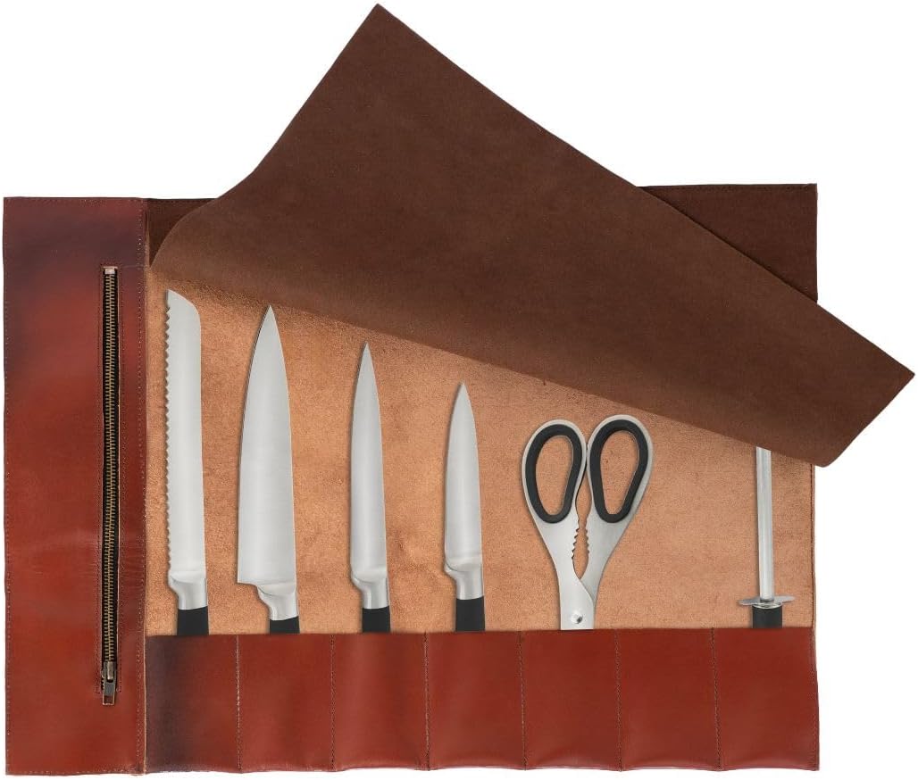 Full Grain Leather Chef Knife Roll Bag Professional Knife Tool Holder Case, Kitchen Knife Organizer Chef Roll for Culinary Students & Chefs Birthday Gift