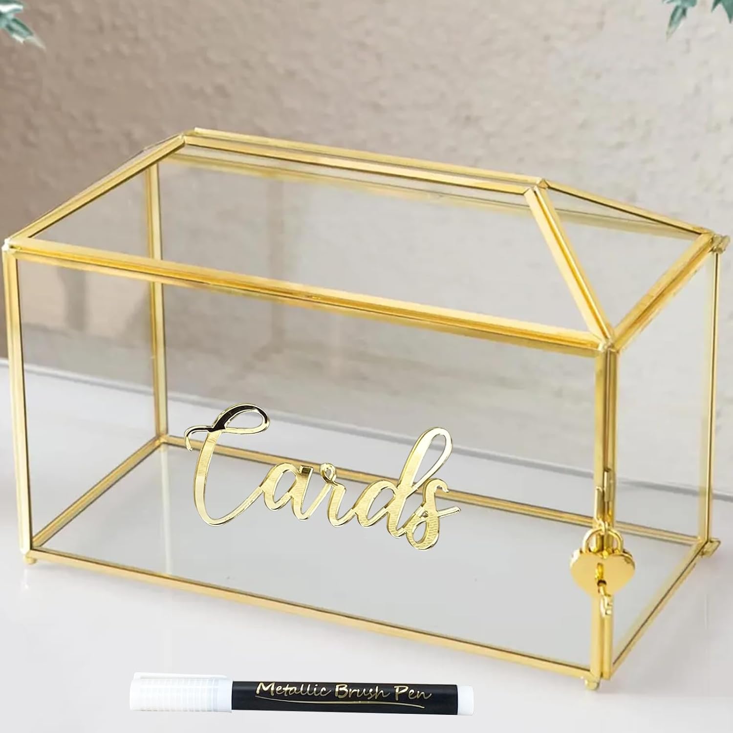 12.6" Glass Wedding Card Box with Lock, Large Gold Metal Card Box for Party Reception HoneyMoon Fund Box, Wedding, Baby Showers, Birthdays, Bridal or Graduation Party Box