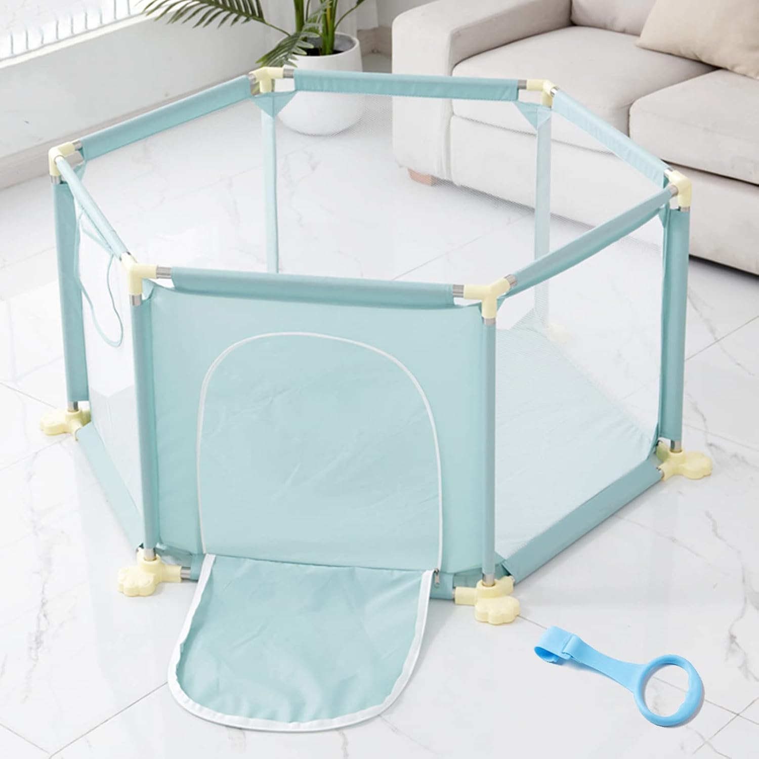 Baby Playpen Green/Pink/Grey,Hexagonal Baby Fence,Indoor Outdoor Kids Activity Center Safety Playard,Crawling Playpen,with Breathable Net,Zipper Door and Anti-Slip Base,Green-125×65×65cm