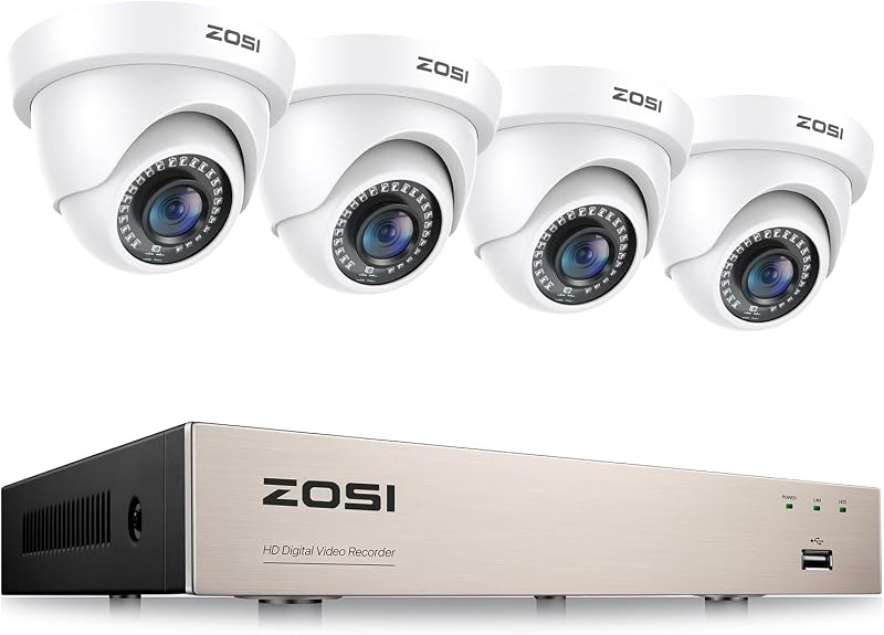 ZOSI 3K Lite 8CH H.265+ Sistema de cámara de seguridad para el hogar con detección humana/de vehículos AI, visión nocturna, DVR CCTV de 8 canales Lite de 5 MP, 4 cámaras domo de vigilancia para interiores y exteriores 1080P 1920TVL de 2 MP (sin HDD)