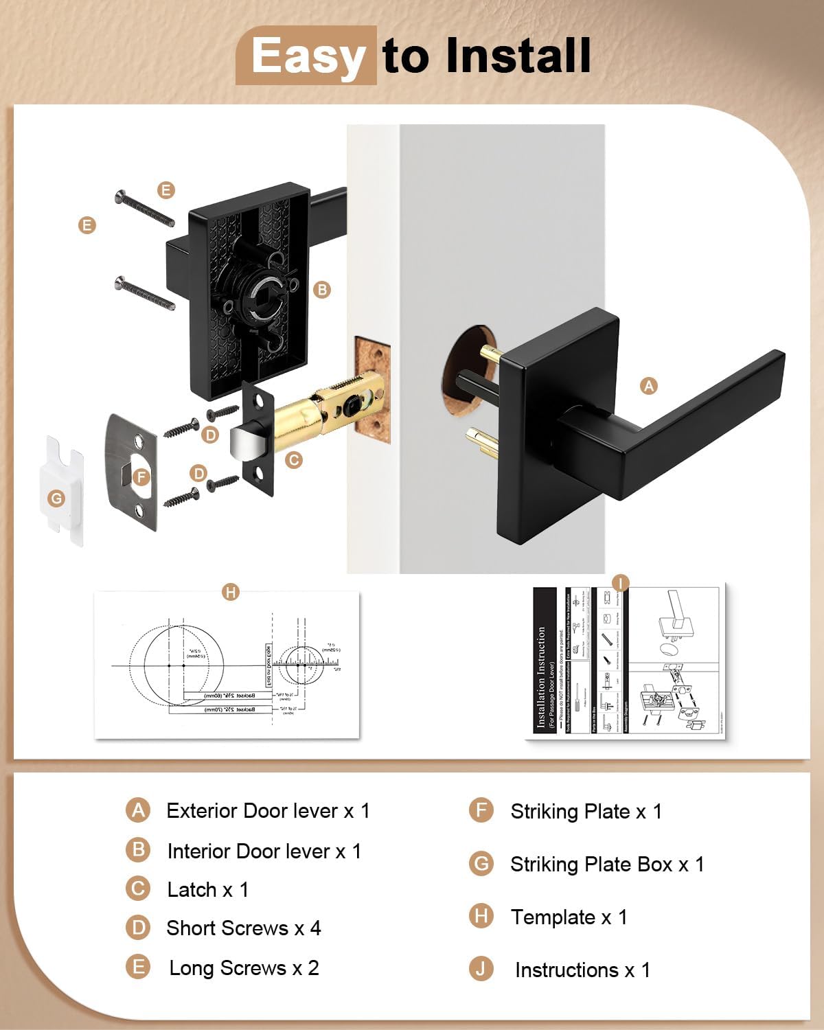 Probrico Interior Passage Matte Black Door Handle, Long Plate Reversible Door Lever Without Locking for Closet and Hallway, 2 Pack