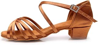 JUODVMP Little Girls Latin Dance Shoes Youth Satin Salsa Ballroom Practice Performance Dance Shoes 3cm Low Heel, Model 202PD,