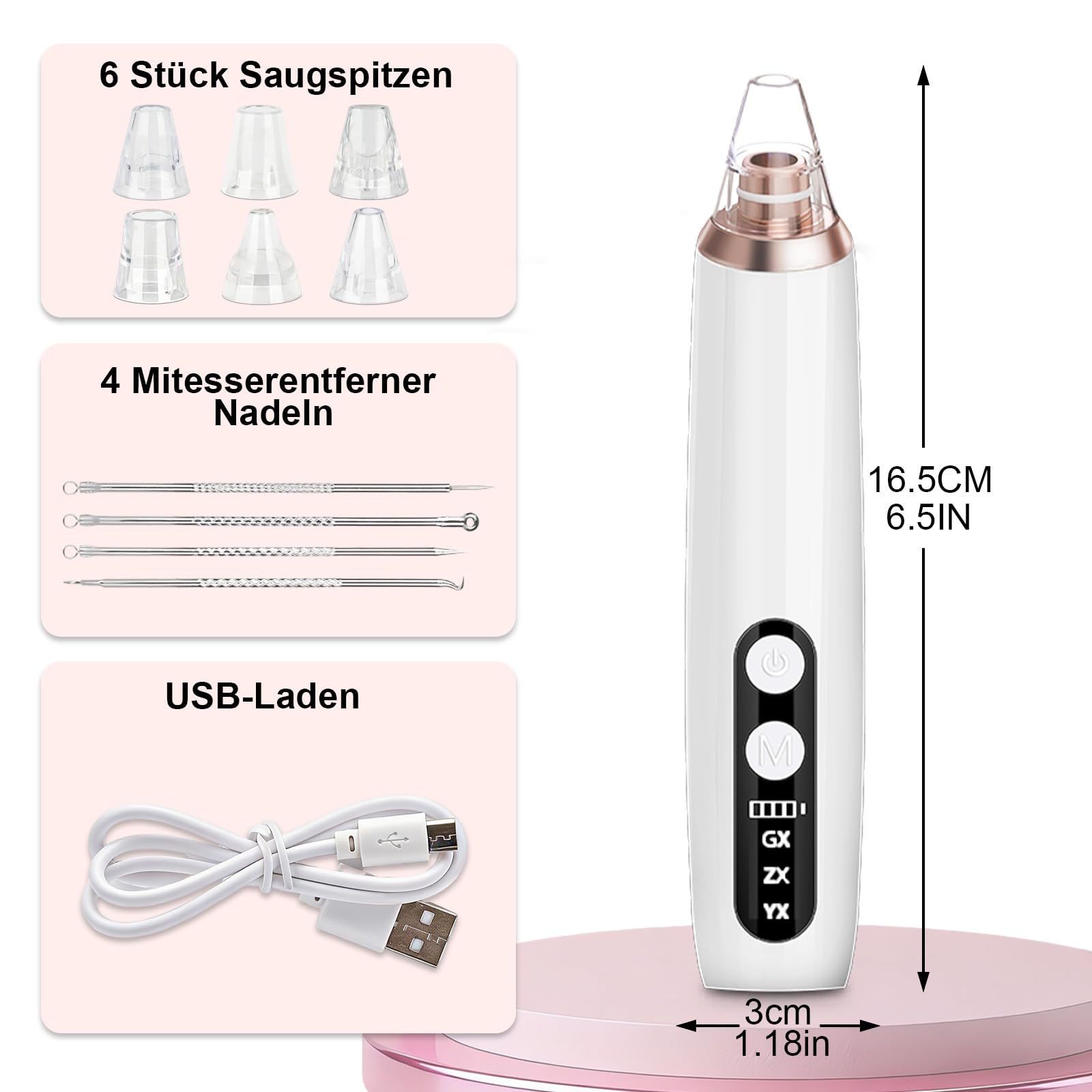 Mitesserentferner Porenreiniger Porensauger mit Sichtbarem Wassertank 4 Nadeln, 6 Aufsätze 3 Heizstufen, Elektrisches Pickel Ausdrücken Werkzeug 5 Modi,Wiederaufladbarer Blackhead Remover für Skincare
