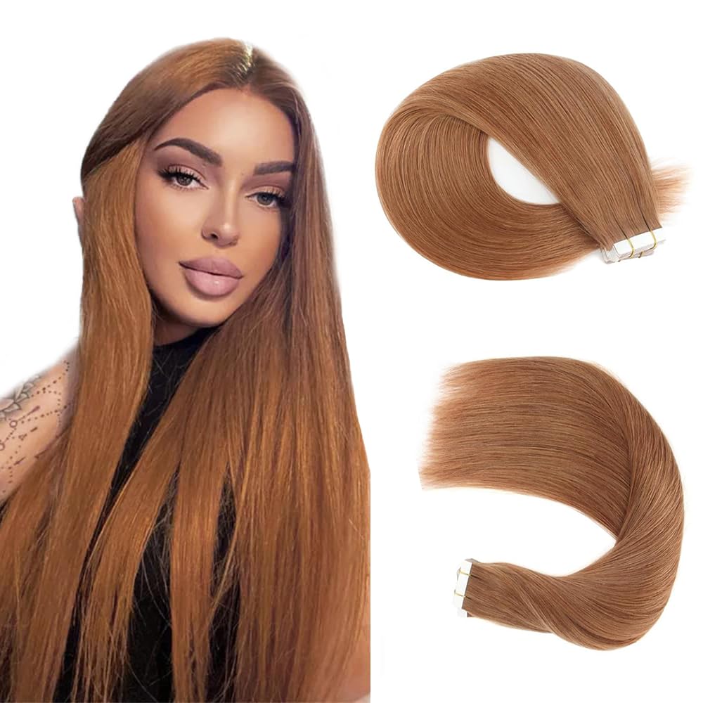 Photo 1 of #30 Brown Tape in Hair Extensions Human Hair, 20 Inch Human Hair Tape in Extensions 45g 20Pcs Light Brown Tape Ins Seamless Color #30 Tape in Hair Extensions Real Hair