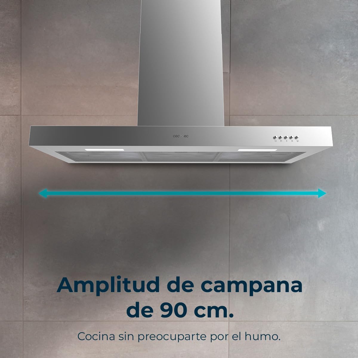Cecotec Cappa aspirante 90 cm Bolero Flux TM 906500 Inox A. Motore 165 W, decorativo con finitura inox, aspirazione 650 m3/h, controllo meccanico, 3 livelli di potenza, luce e filtro al carbonio