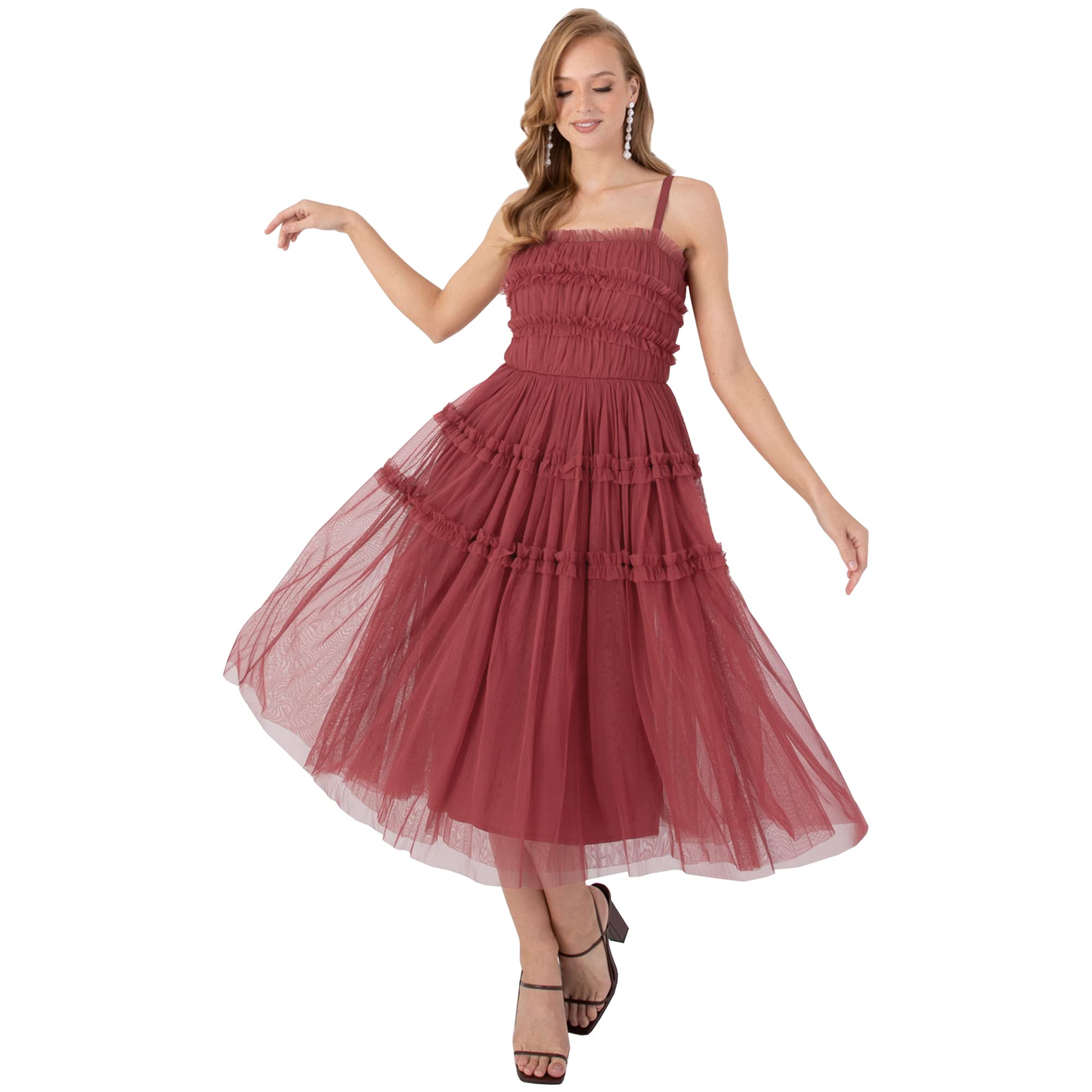 Anaya with Love Ladies Cami Midi Dress for Women Evening Gown Square Neck Strappy Stripes Frilly Tiered for Wedding Guest Prom Ball Red Size 16
