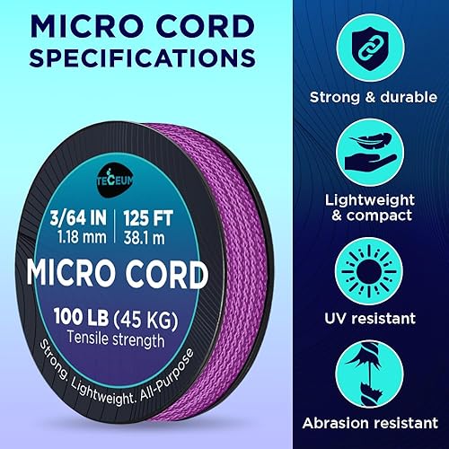 Miniatura 152 de TECEUM Micro Paracord – 0.046 in x 125 pies – Micro cable de utilidad – Cuerda de paracaídas trenzada fina – Lo mejor para manualidades, proyectos