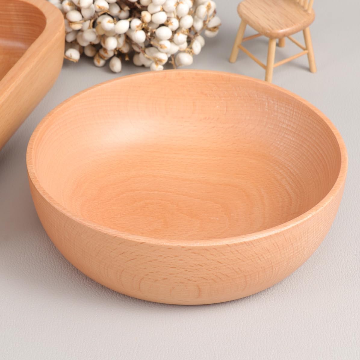 VALICLUD Wooden Salad Bowl, round Serving Bowl Flat Bottom Japanese Style