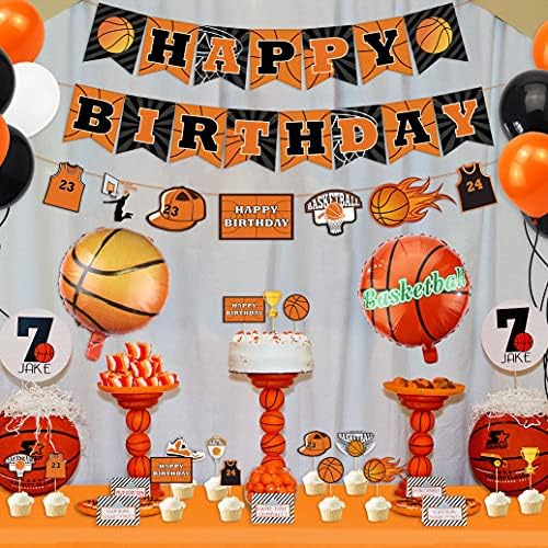 Hegbolke Basketball Party Decorations - Including HAPPY BIRTHDAY Banners, 4 Basketball Foil Balloons, Cake Toppers, Balloons Basketball Theme Birthday Party Supplies for Kids, Boys, Girls (A)
