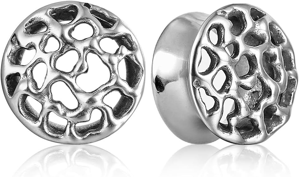 LADEMAYH 2Pcs Molten Lava Rock Design Ear Gauges for Ears, Double Flared Hypoallergenic Surgical Stainless Steel 316L Gauge Earrings, Ear Tunnels and Plugs 0g to 5/8" Silver Black Unisex