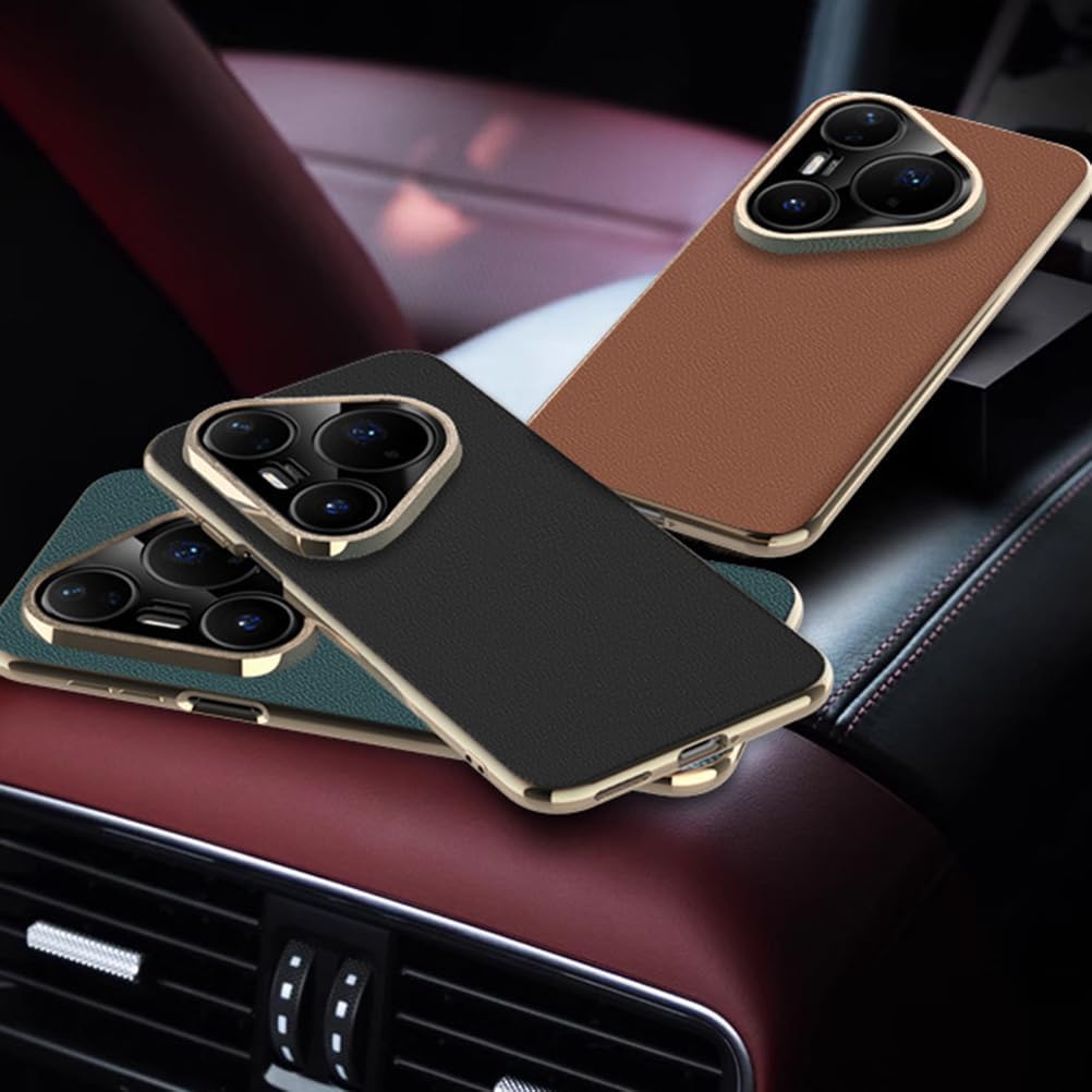 Genuine Leather Case for Huawei Pura 80 Ultra/80 Pro+/80 pro/80, Electroplated Frame Cover Frosted Anti-Fingerprint Ultra Thin Case,Brown,80 Ultra
