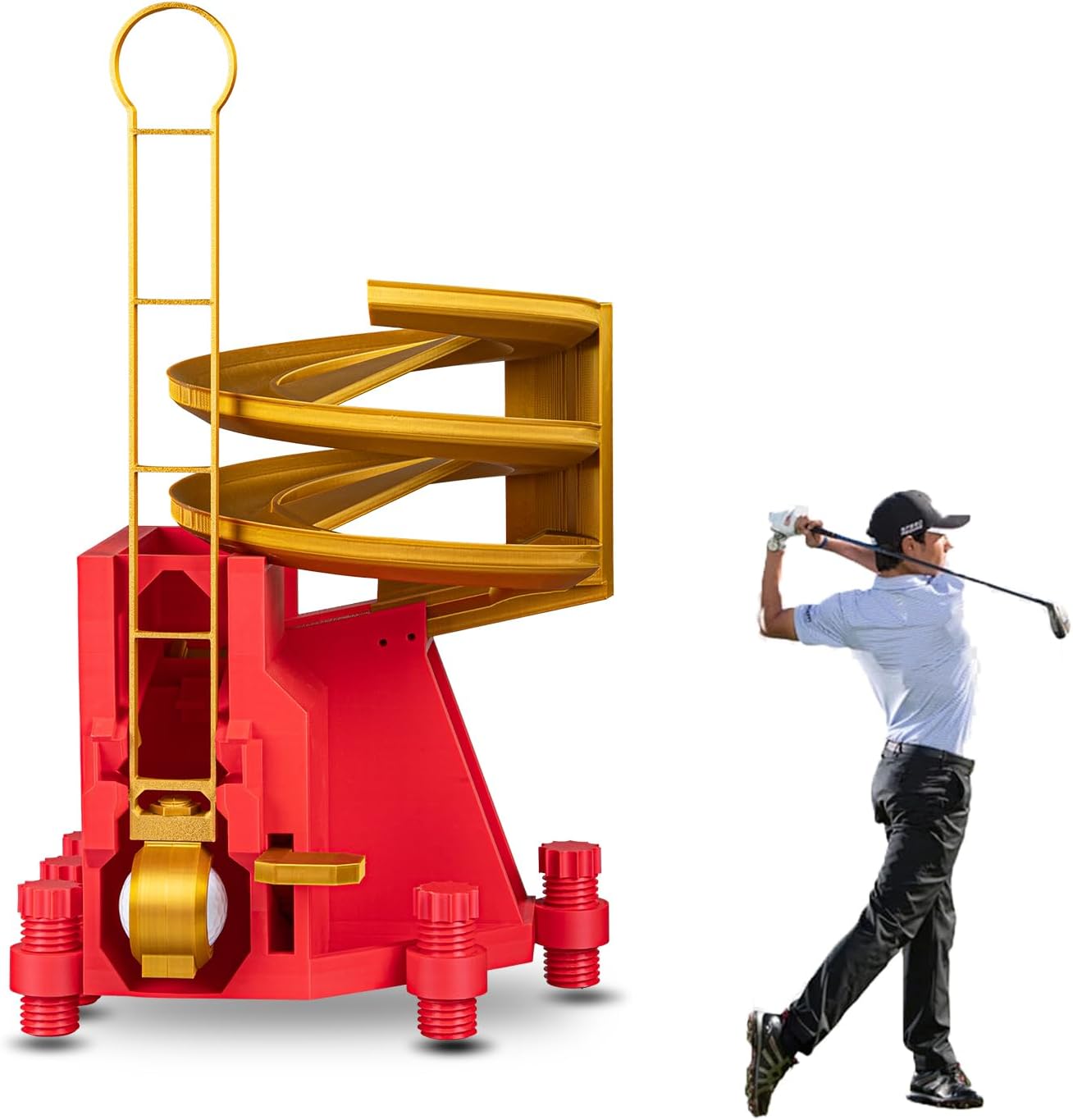Golf Ball Dispenser, Golf Ball Launcher Pro, Automatic Golf Ball Dispenser & Launcher Pro, High-Capacity Hands-Free Practice Machine(Gold+Red)