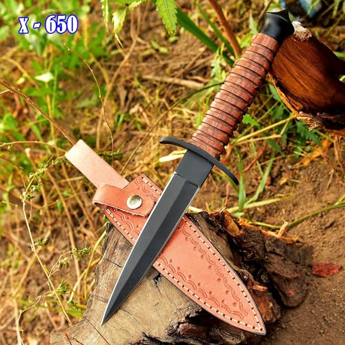 AJSANITY Sykes Fairbairn US Army Double-Edged V42 Military Best Dagger Knife WWII Collectible knives With Leather Sheath (Brown Wood)
