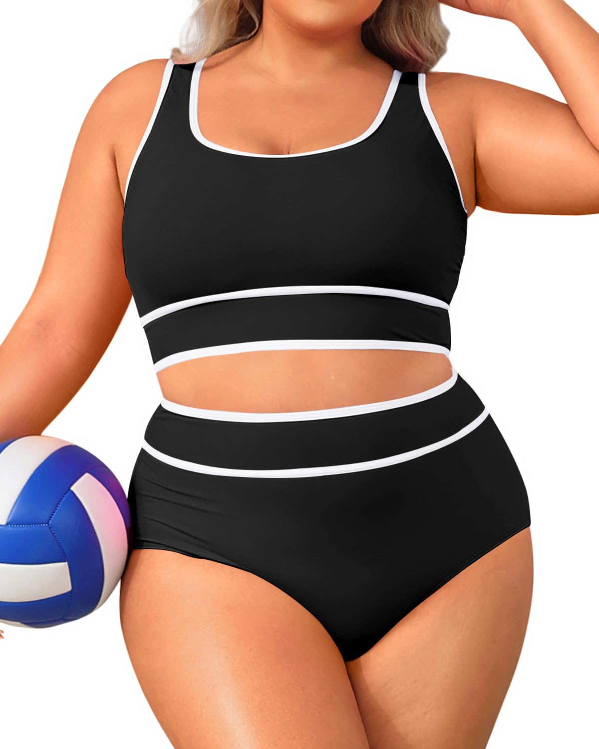 Aqua EvePlus Size High Waisted Bikini Sets Two Piece Color Block Swimsuits Full Coverage Bikini Sporty Bathing Suits