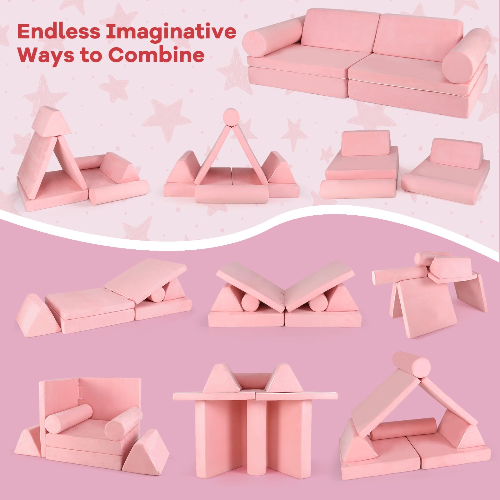 Costzon 8 Pcs Modular Kids Play Couch, Toddler Sectional Sofa Chair, Convertible Baby Pink Sofa & Floor Cushion, Bedroom & Playroom Furniture for Building Fort Gift for Boys Girls 3+ (Pink)