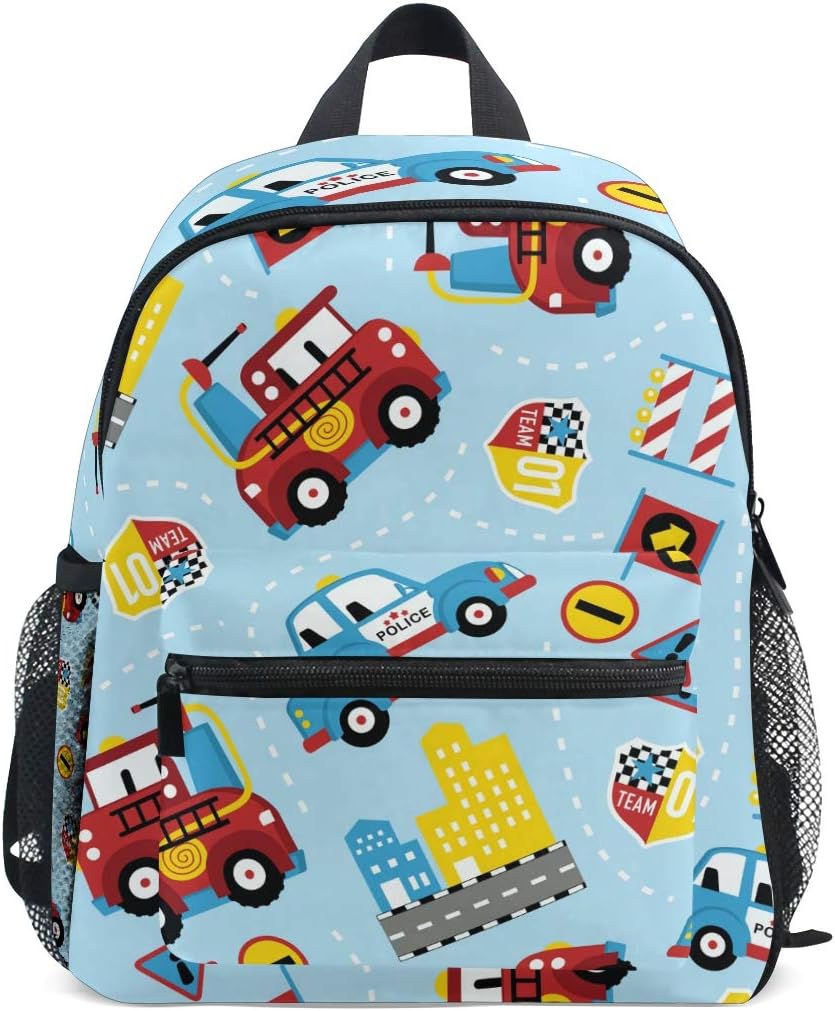 Firefighter Police Car Blue Toddler Backpack School Bag Multi Cute BookBags for School Boys and Girls Kid Bags Children Travel Daypack 3-8 Years Old Preschool